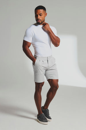 Smart Pleated Cotton Side Adjust Shorts in Pale Grey