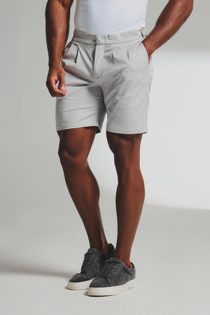 Smart Pleated Cotton Side Adjust Shorts in Pale Grey
