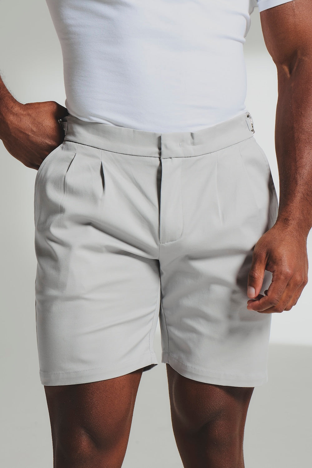Smart Pleated Cotton Side Adjust Shorts in Pale Grey
