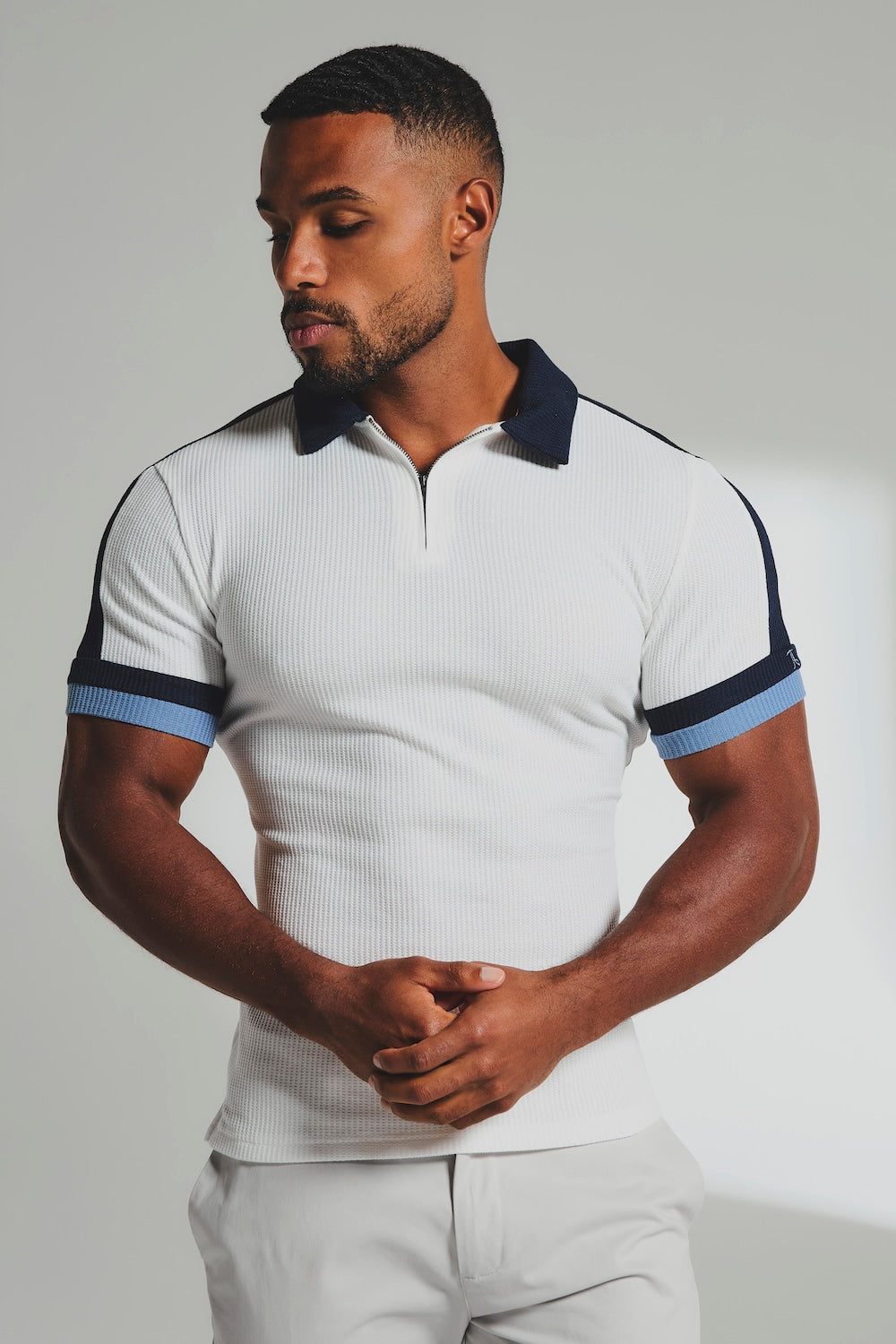 Colour Blocked Zip Neck Polo Shirt