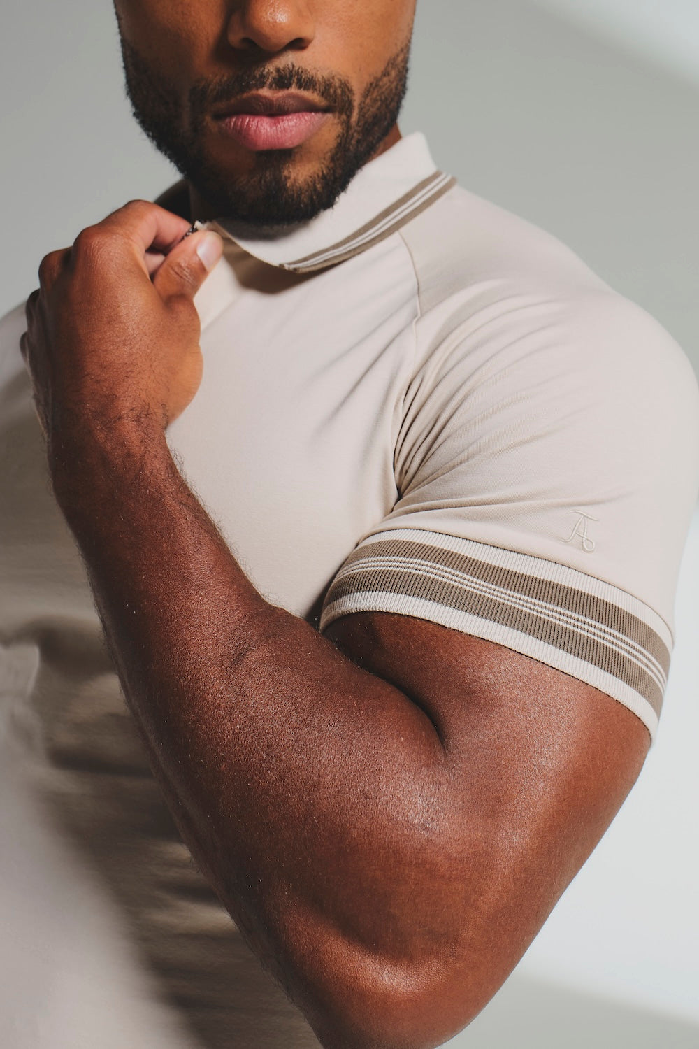 Tipped Zip Neck Polo in Stone and Mocha