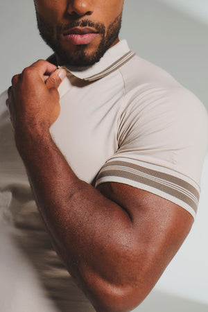 Tipped Zip Neck Polo in Stone and Mocha