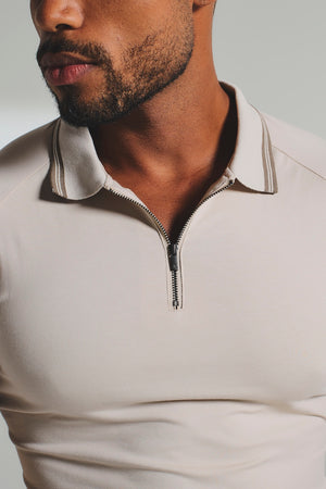 Tipped Zip Neck Polo in Stone and Mocha