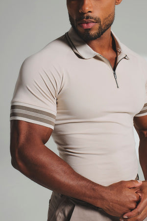 Tipped Zip Neck Polo in Stone and Mocha
