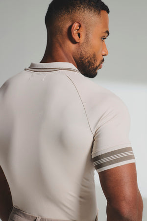Tipped Zip Neck Polo in Stone and Mocha