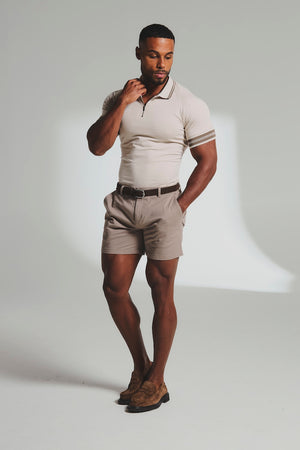 Tipped Zip Neck Polo in Stone and Mocha