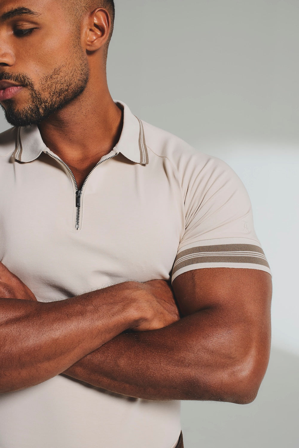 Tipped Zip Neck Polo in Stone and Mocha