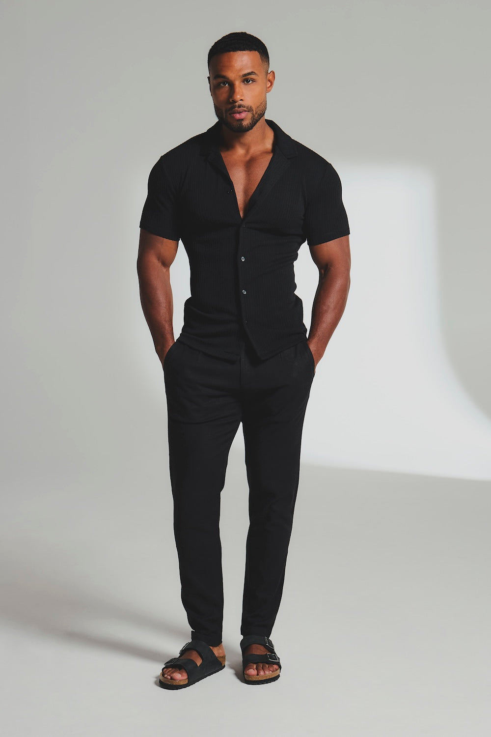 Fine Textured Stripe Cuban Collar Shirt in Black