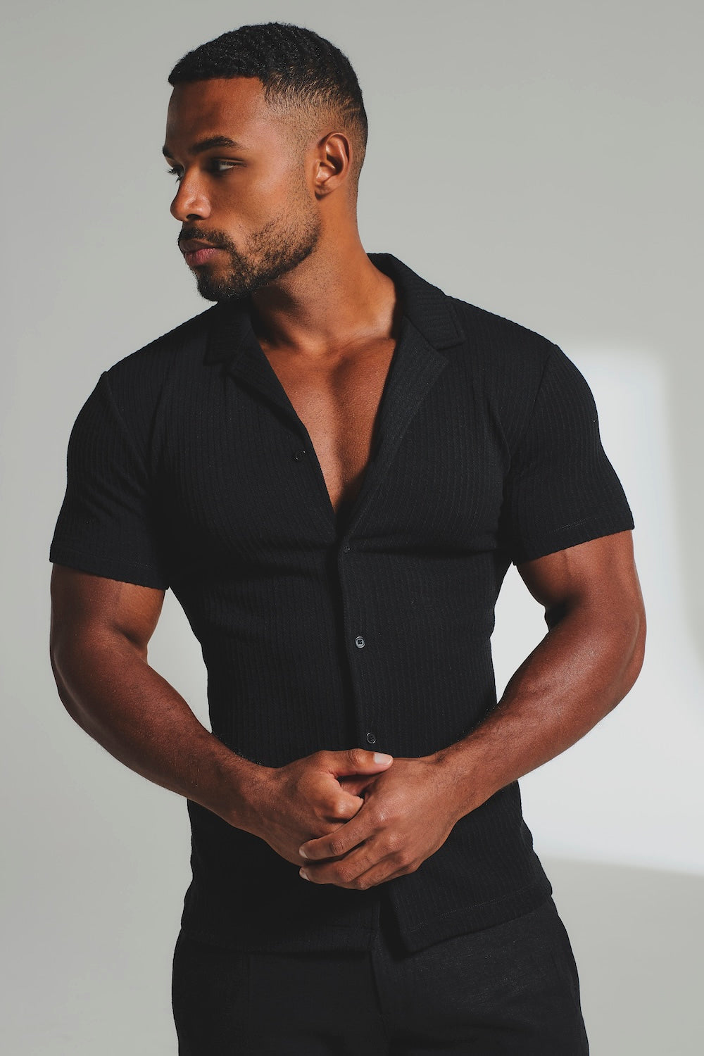 Fine Textured Stripe Cuban Collar Shirt in Black