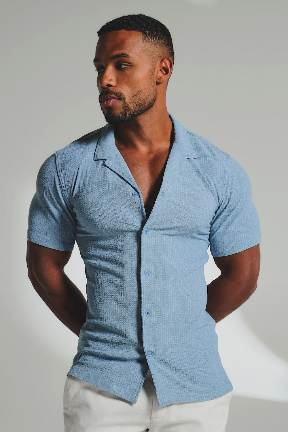 Textured Cuban Collar Shirt in Slate Blue
