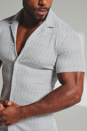 Textured Geo Cuban Collar Shirt in White and Black