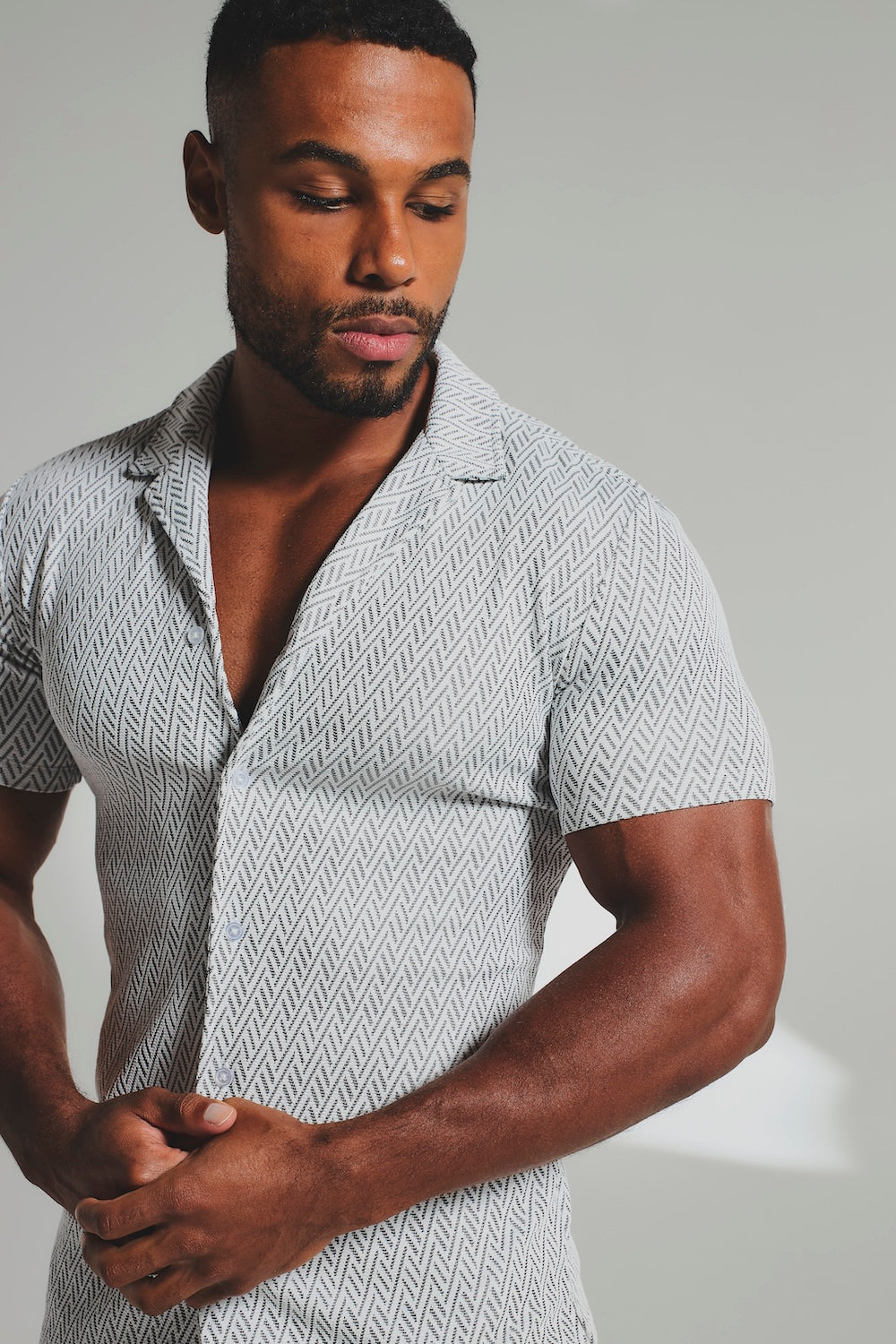 Textured Geo Cuban Collar Shirt in White and Black