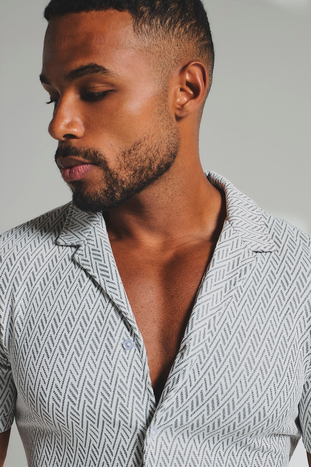 Textured Geo Cuban Collar Shirt in White and Black