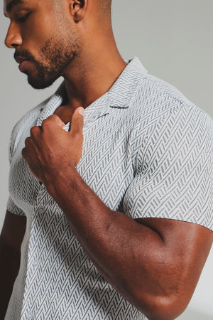 Textured Geo Cuban Collar Shirt in White and Black