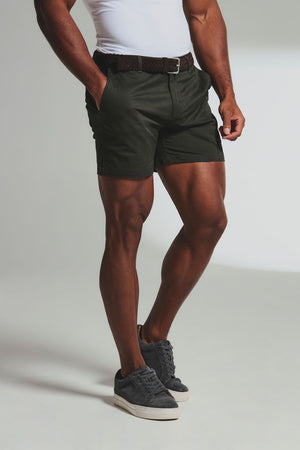 Muscle Fit Stretch Chino Shorts - Shorter Length in Dark Khaki