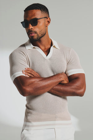 Colour Block Tipped Knitted Open Collar Polo in Neutral