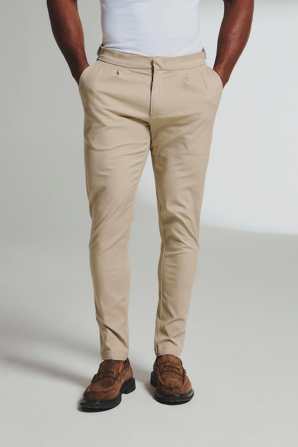 Smart Pleated Cotton Side Adjust Trouser in Stone
