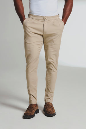 Smart Pleated Cotton Side Adjust Trouser in Stone