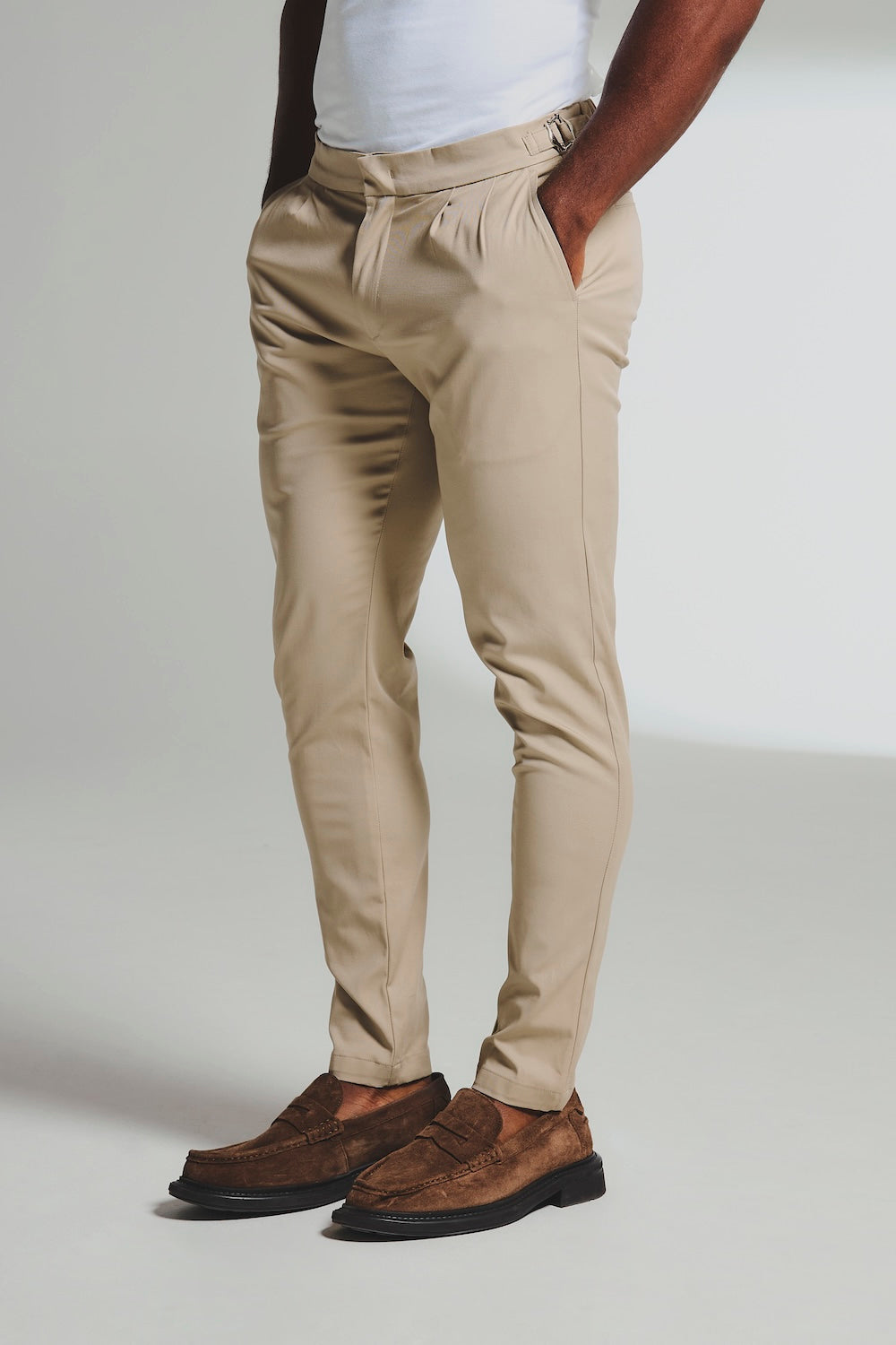 Smart Pleated Cotton Side Adjust Trouser in Stone