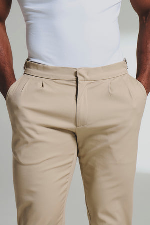 Smart Pleated Cotton Side Adjust Trouser in Stone