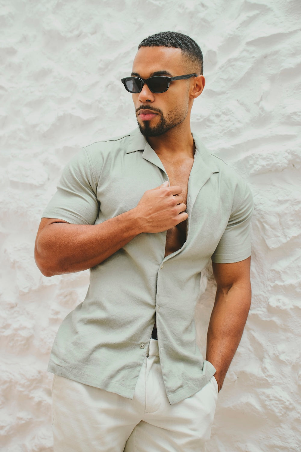 Stretch Linen Blend Cuban Collar Shirt in Soft Sage