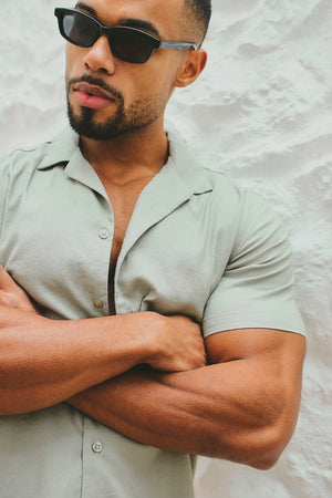 Stretch Linen Blend Cuban Collar Shirt in Soft Sage