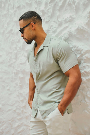 Stretch Linen Blend Cuban Collar Shirt in Soft Sage