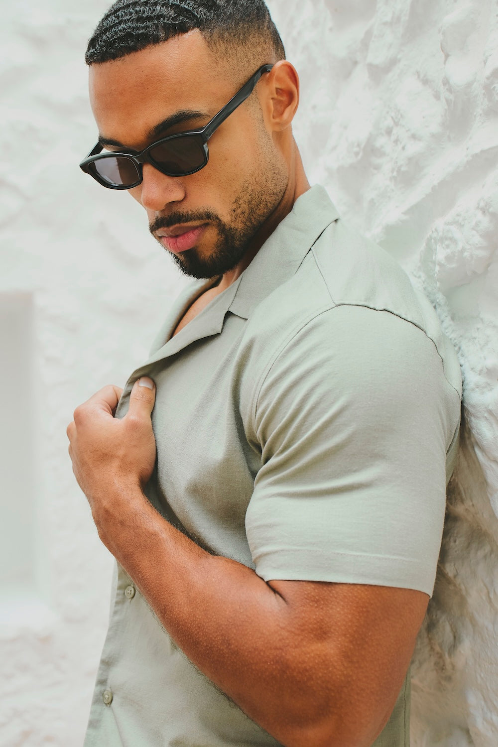 Stretch Linen Blend Cuban Collar Shirt in Soft Sage