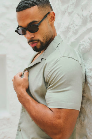 Stretch Linen Blend Cuban Collar Shirt in Soft Sage