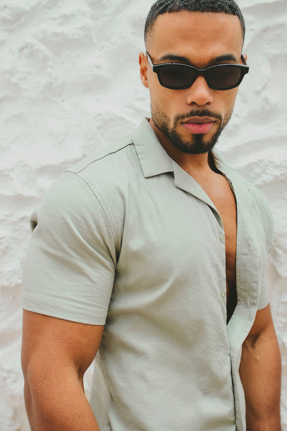 Stretch Linen Blend Cuban Collar Shirt in Soft Sage