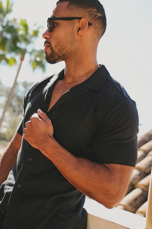Stretch Linen Blend Cuban Collar Shirt in Black