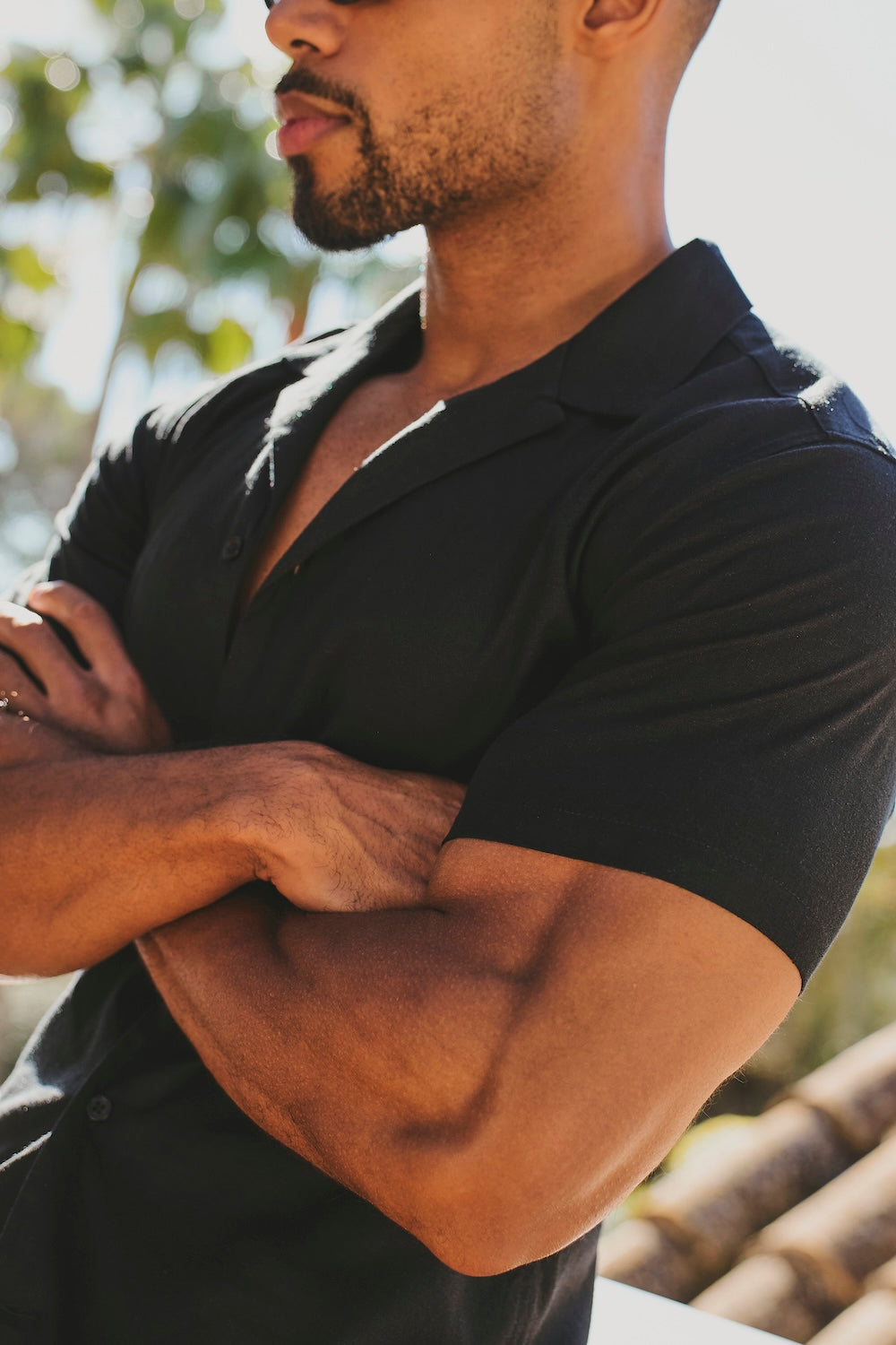 Stretch Linen Blend Cuban Collar Shirt in Black