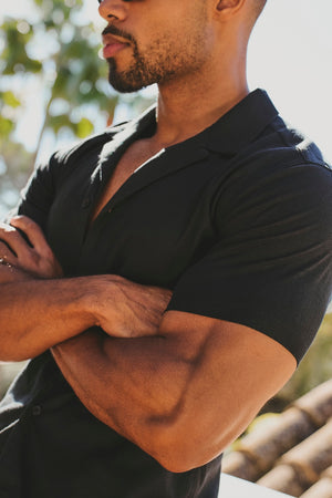 Stretch Linen Blend Cuban Collar Shirt in Black