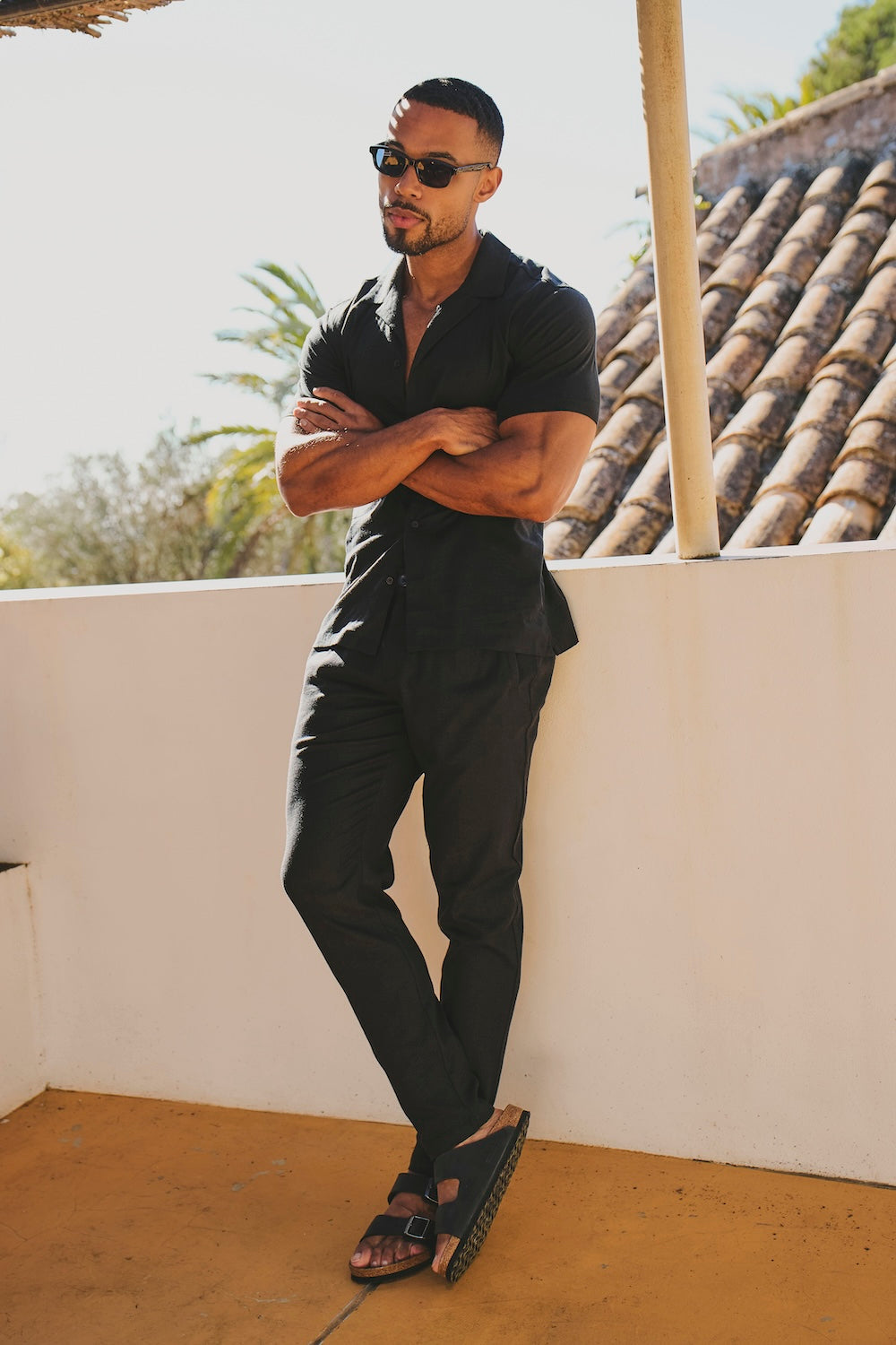 Stretch Linen Blend Cuban Collar Shirt in Black