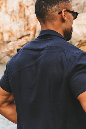 Stretch Linen Blend Button Through Shirt in Navy