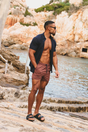 Stretch Linen Blend Button Through Shirt in Navy