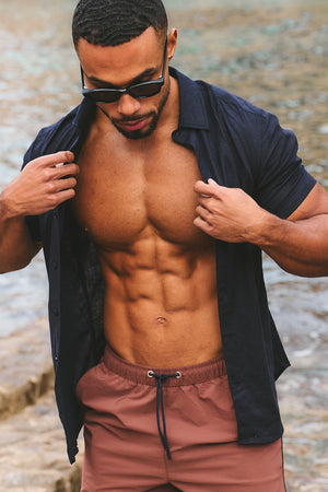 Stretch Linen Blend Button Through Shirt in Navy