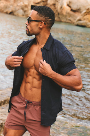 Stretch Linen Blend Button Through Shirt in Navy