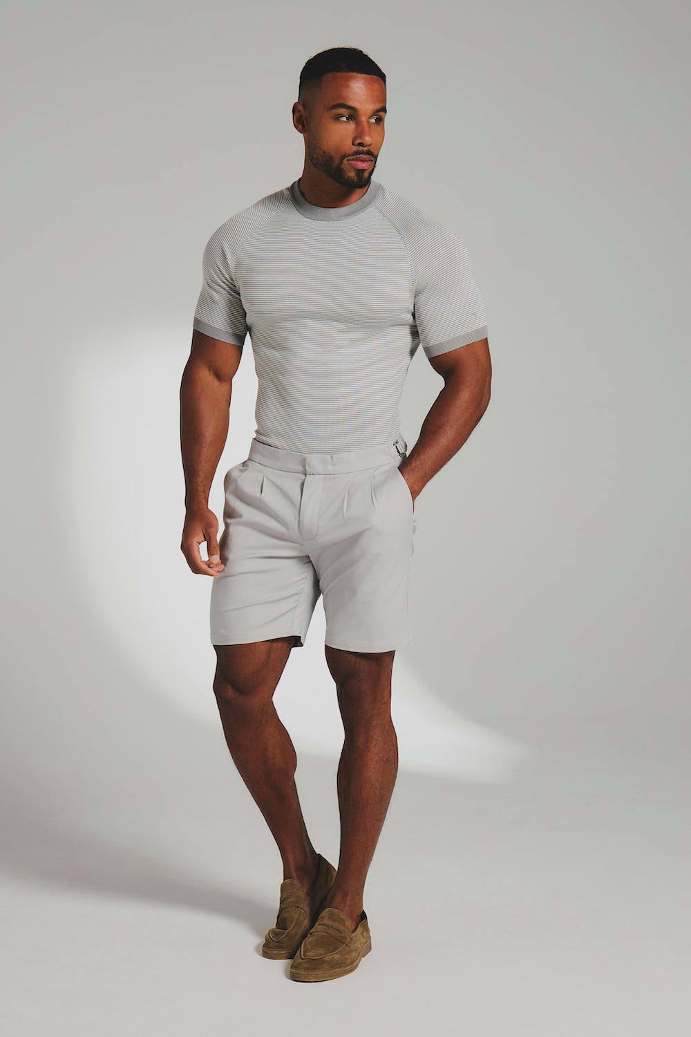 Smart Pleated Cotton Side Adjust Shorts in Pale Grey
