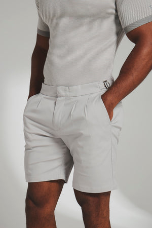 Smart Pleated Cotton Side Adjust Shorts in Pale Grey