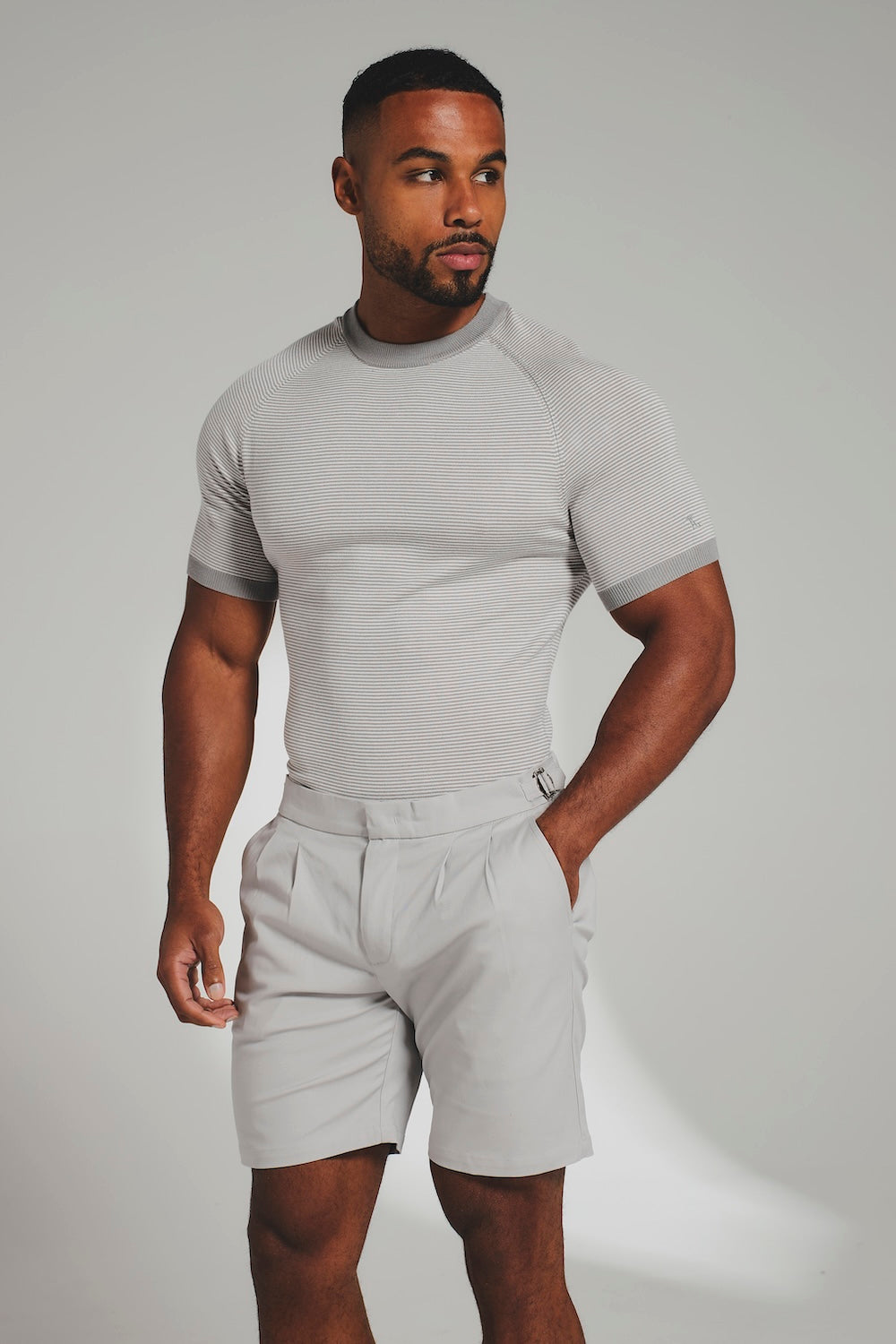 Smart Pleated Cotton Side Adjust Shorts in Pale Grey