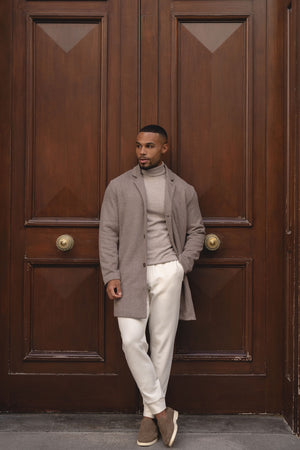 Single Breasted Herringbone Overcoat in Stone