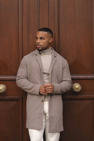 Single Breasted Herringbone Overcoat in Stone