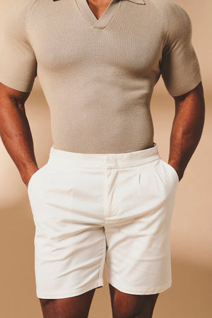 Smart Pleated Cotton Side Adjust Shorts in White