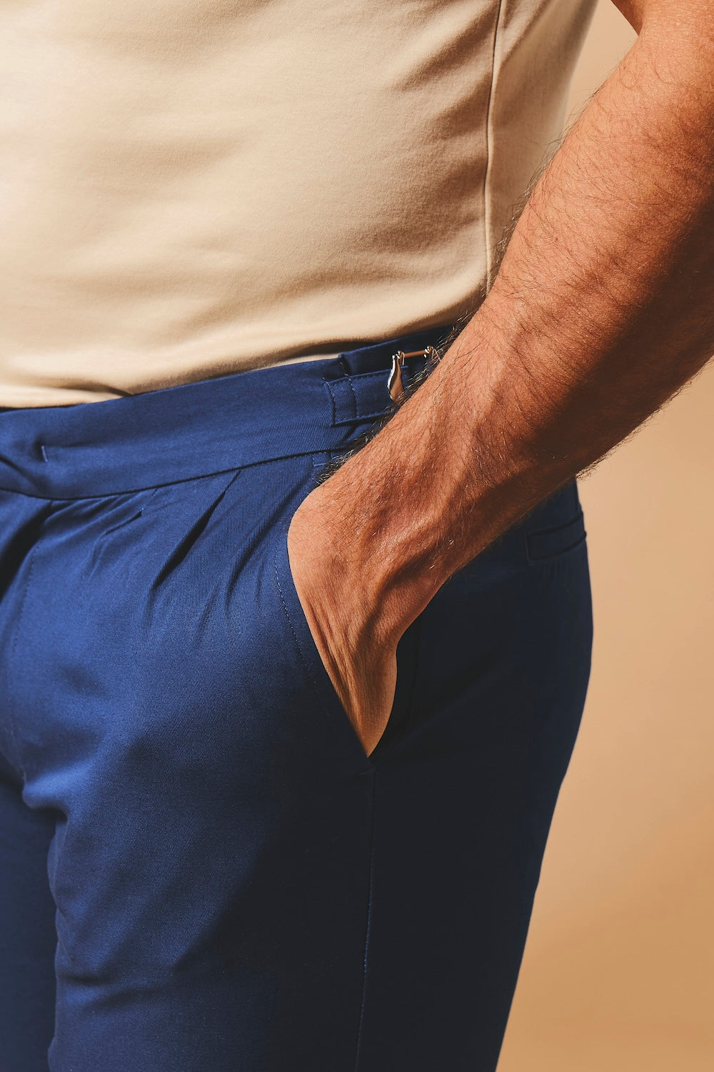 Smart Pleated Cotton Side Adjust Trouser in Navy