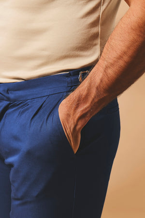 Smart Pleated Cotton Side Adjust Trouser in Navy