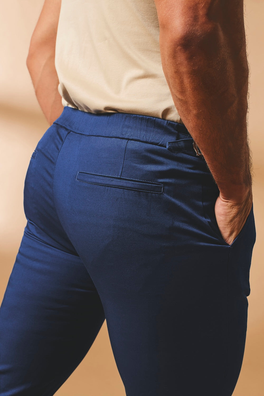 Smart Pleated Cotton Side Adjust Trouser in Navy