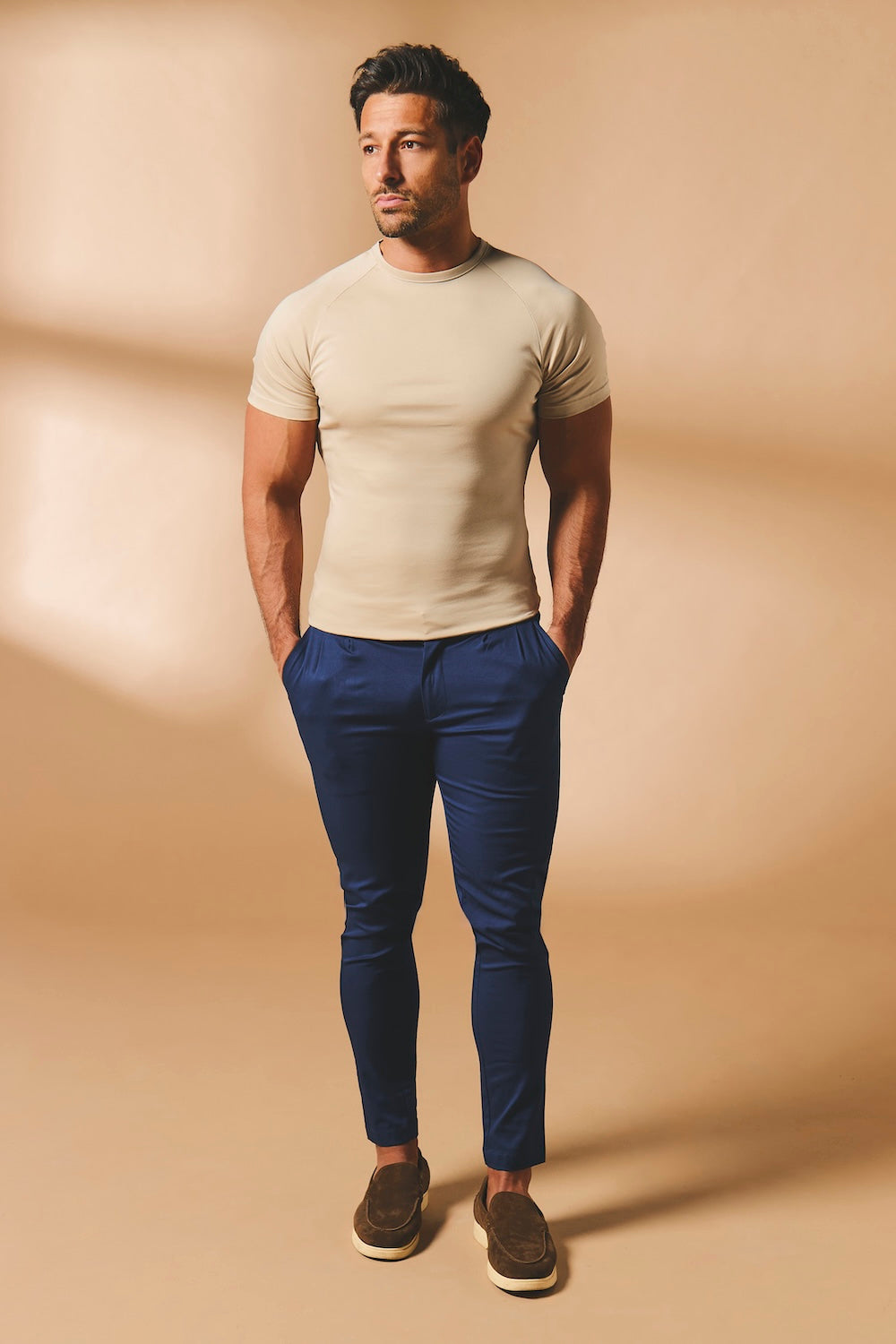 Smart Pleated Cotton Side Adjust Trouser in Navy