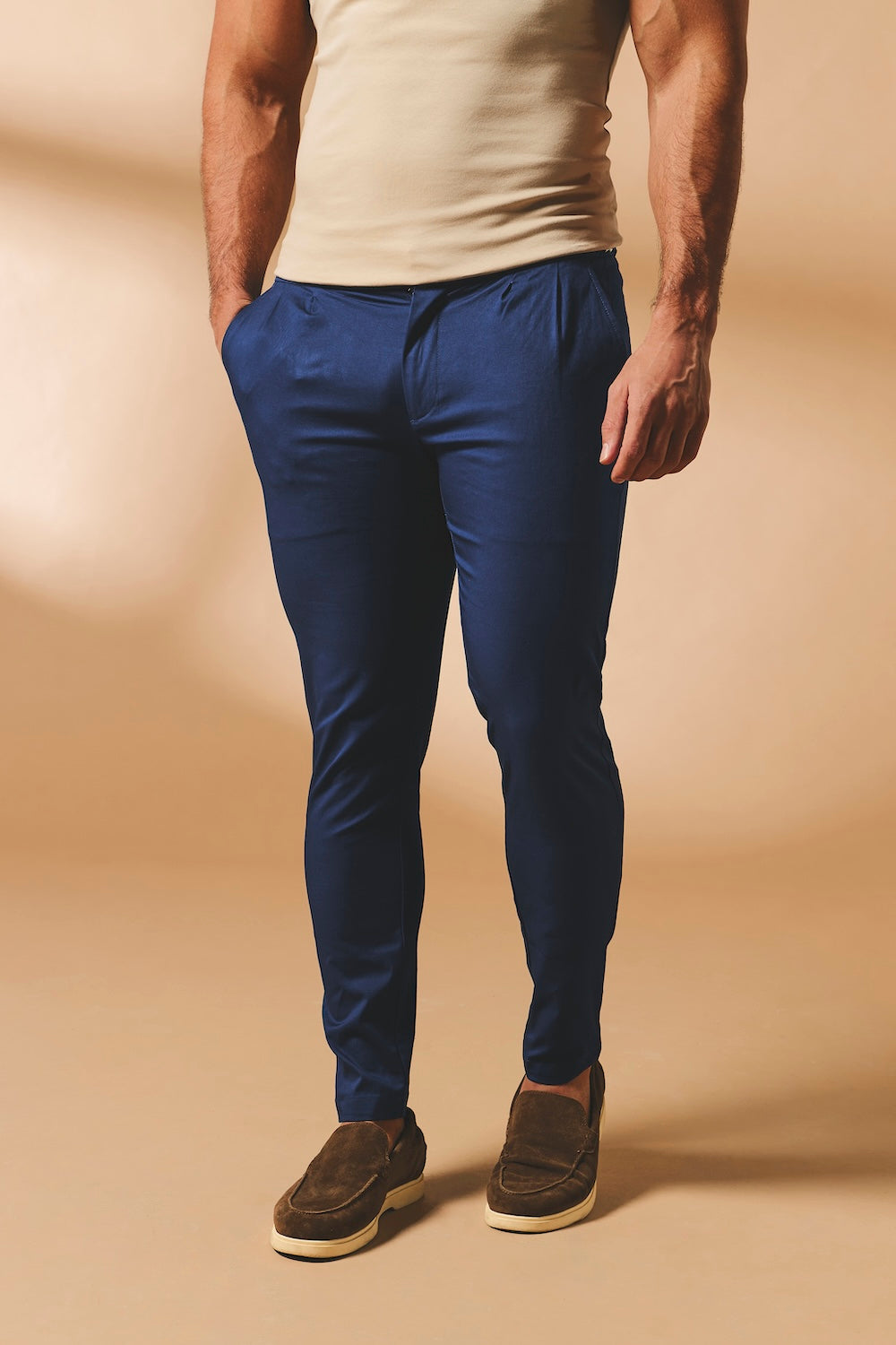 Smart Pleated Cotton Side Adjust Trouser in Navy