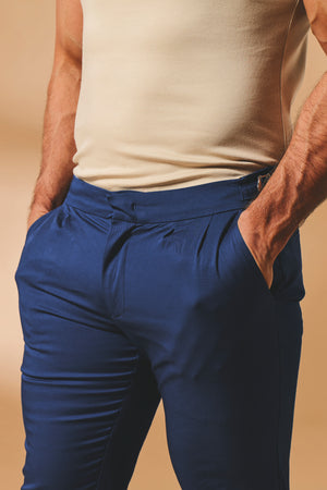 Smart Pleated Cotton Side Adjust Trouser in Navy